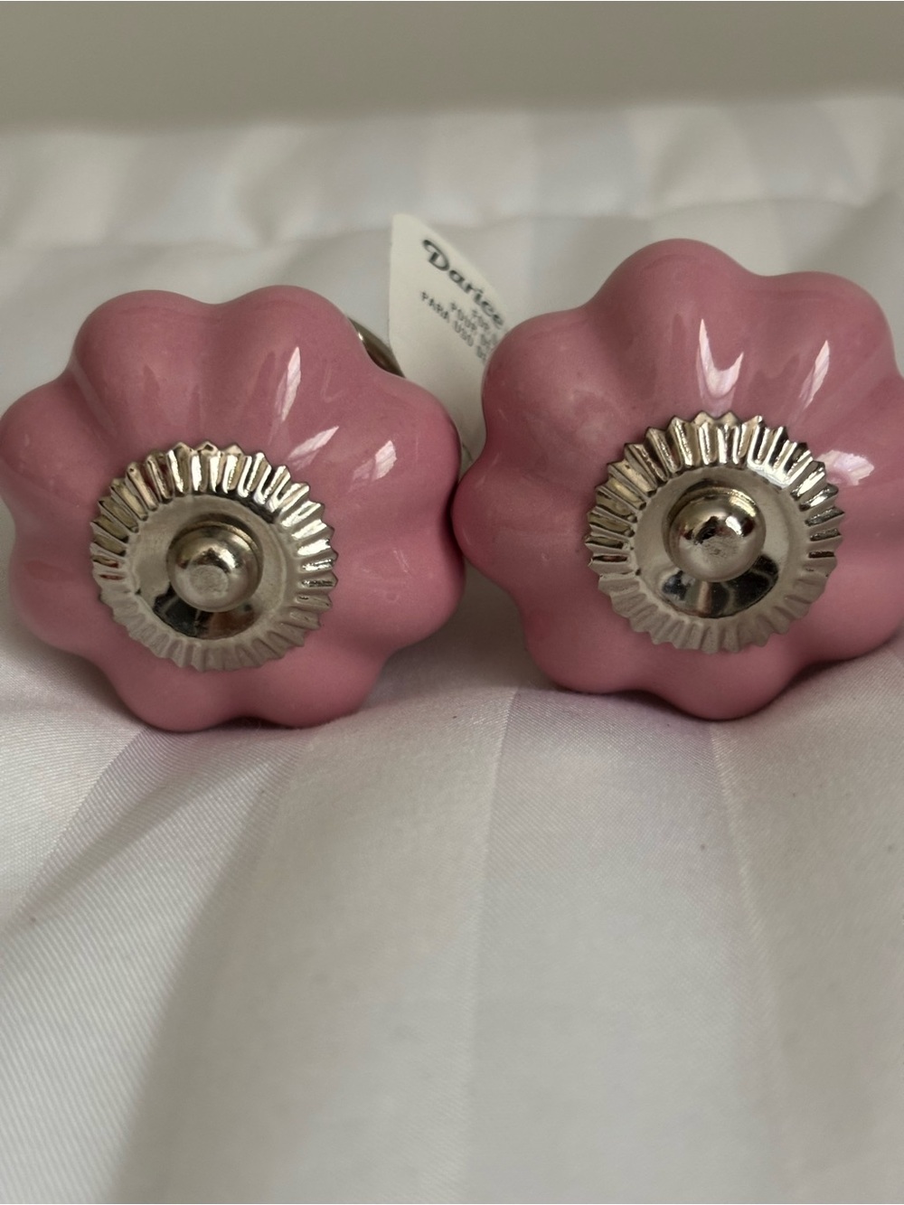 Pink Ceramic Flower Drawer Knobs with Silver Accents
